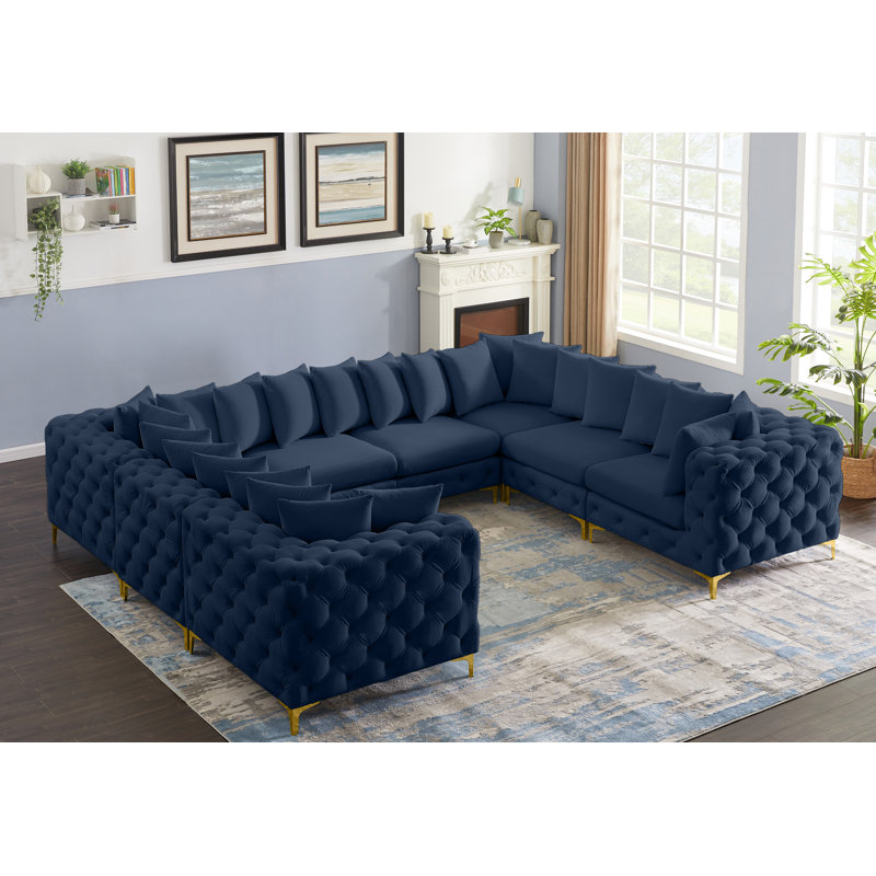 Tremblay 138" Wide Velvet Symmetrical Corner Sectional, Navy Velvet