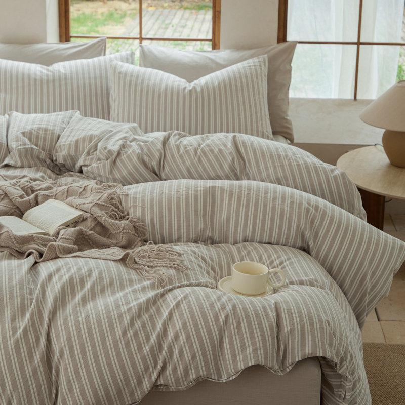DONEUS Striped Duvet Cover Set 100% Washed Cotton Linen Like Soft Feelling Breathable Bedding, Tannish Linen Gray/White