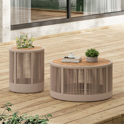 Ensemble de table industrielle rustique, table basse et table d'appoint avec design en corde tissée, ensemble de table élégant et fonctionnel moderne pour le salon et la décoration intérieure - corde beige