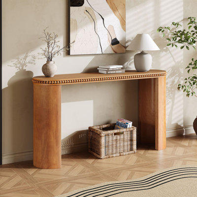 Mirod Vintage Console Table with Beaded Trim and Reversible Curved Legs, Natural Wood Veneer Finish for Entryways and Living Rooms