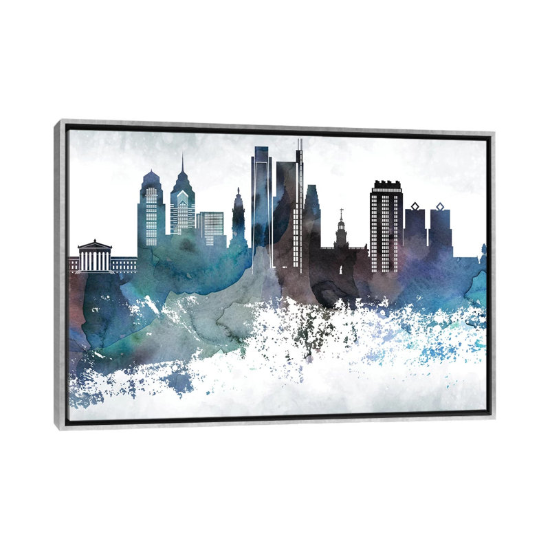 Philadelphia Bluish Skylines - impression d'art graphique, H 40 po x l 60 po x 1,5 po, Toile avec cadre argenté, Aucun mat