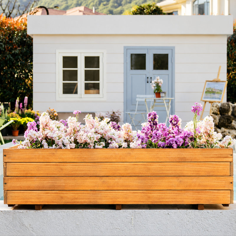 Boîte à fleurs d'extérieur en bois massif New Design, H 12,6 po x l 47,2 po x P 15,7 po, Brun