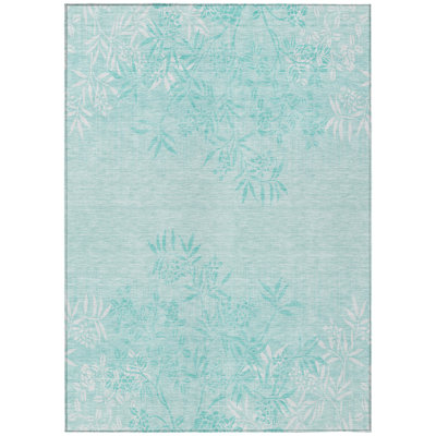 9' X 12' Teal Blue Aqua And Ivory Floral Washable Indoor Outdoor Area Rug