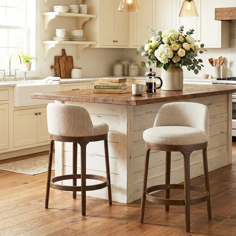 Tabouret de comptoir avec dossier ergonomique Elio, Siège beige / structure naturelle, 2