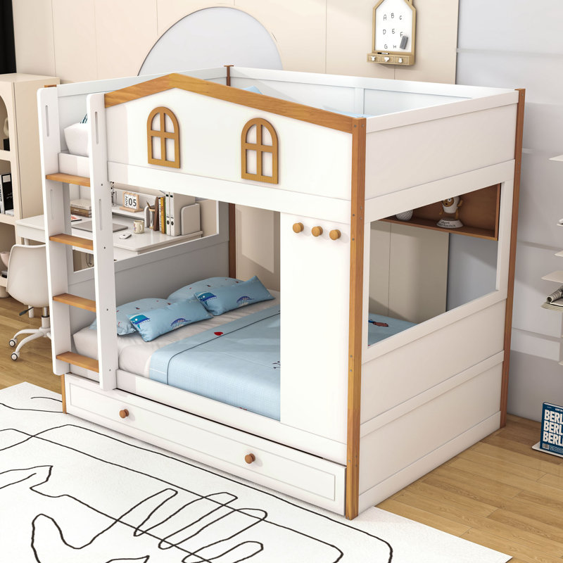 Lit superposé inspiré de la maison en bois avec tablettes de rangement et lit gigogne, Lit superposé double sur double