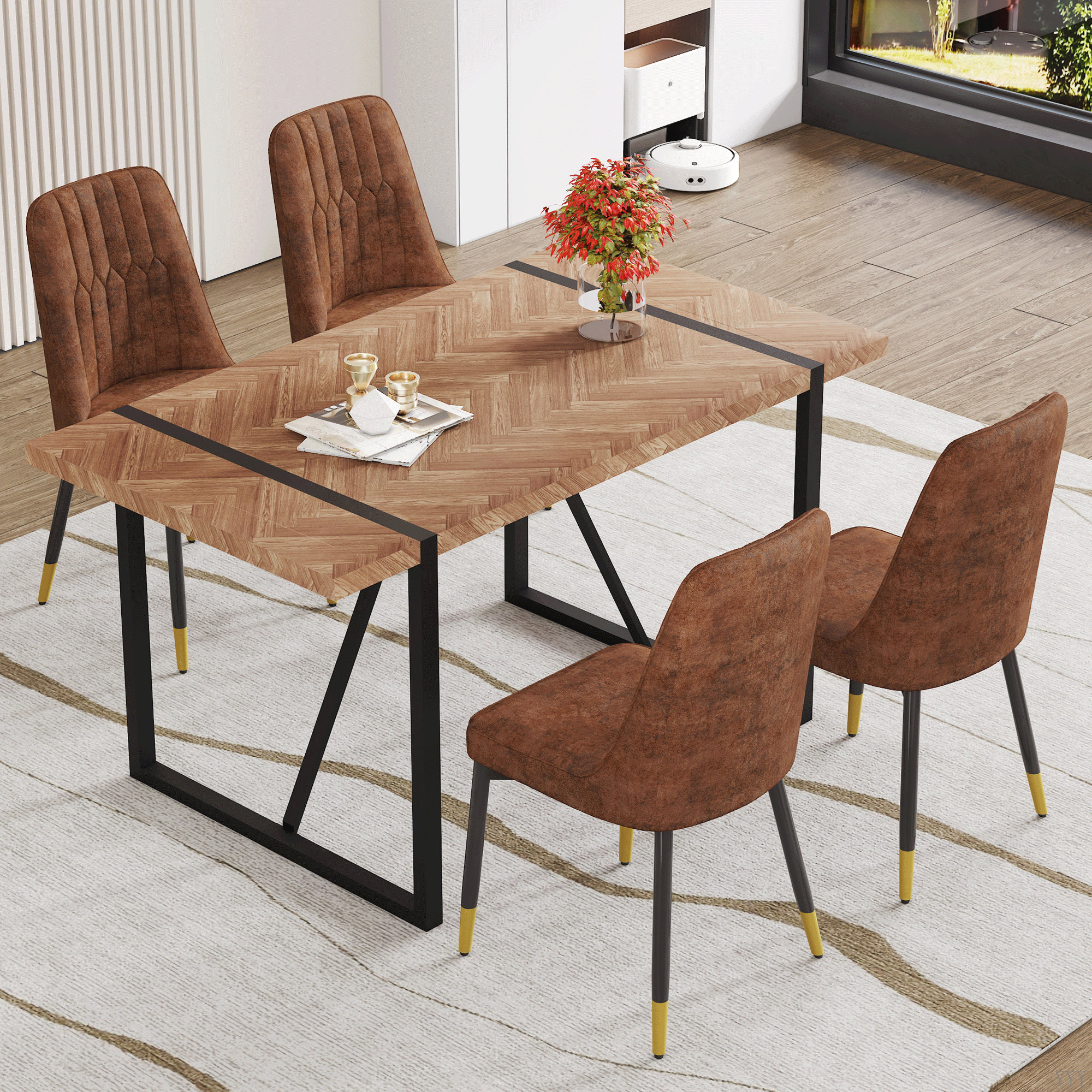 George Oliver Table And Chair Set.A Minimalist Retro Rectangular Dining ...
