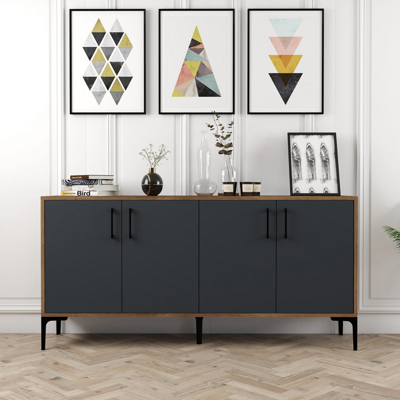 Modern Console Table with Metal Legs, Walnut & Anthracite, 63.0 x 30.7 x 13.8 inches | 100% Melamine Coated Particle Board, Thickness: 0.7 inches | Stylish Storage Solution with Multiple Shelves for Home & Office