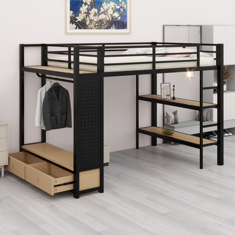 Loft Bed Frame With Wardrobe,Metal Loft Bed With Storage Shelves And Pegboard