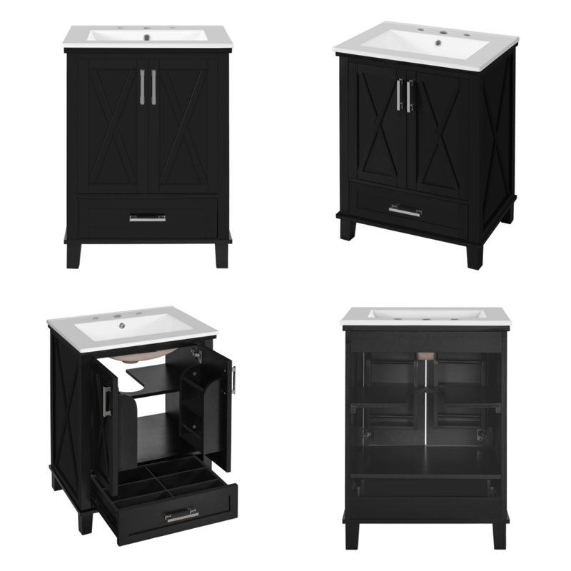 Meuble-lavabo de 24 po de conception, un seul lavabo, 2 portes d'armoire à fermeture en douceur, 1 tiroir compartimenté, tablette de rangement à deux niveaux, noir