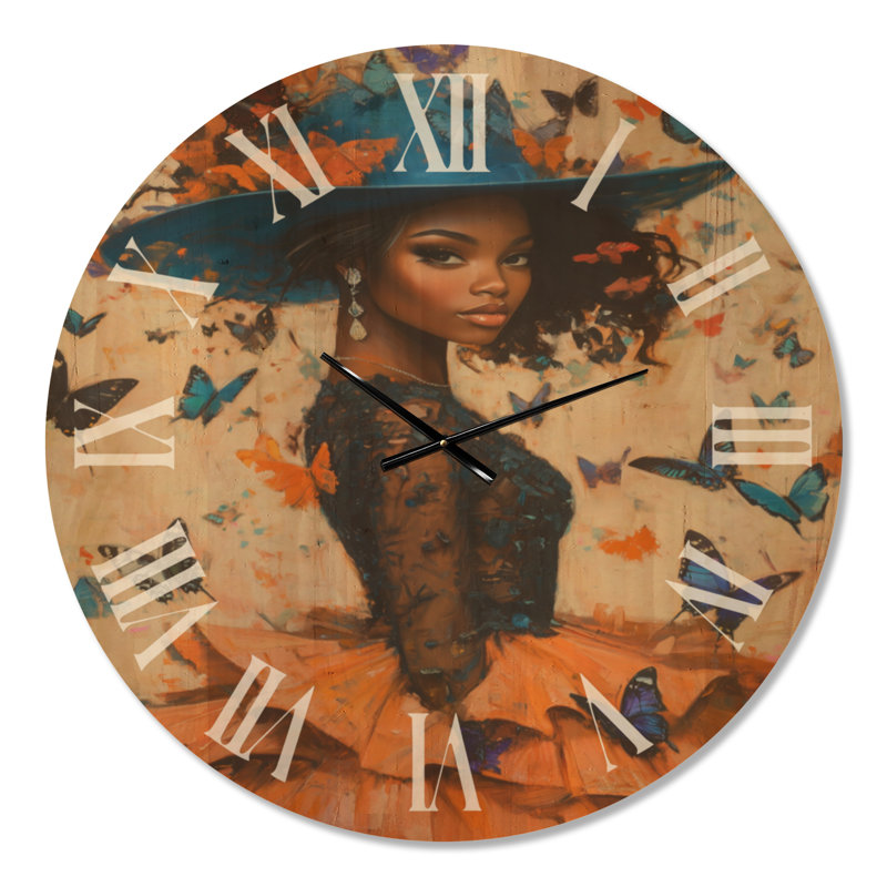 Horloge murale ronde glamour Butterfly Garden Belle, imprimée sur bois, Extra Large