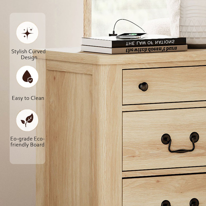 Haikey Farmhouse Wood Nightstand Set, Built-In Charging Station, and Drawer Nightstand For Bedroom, Oak