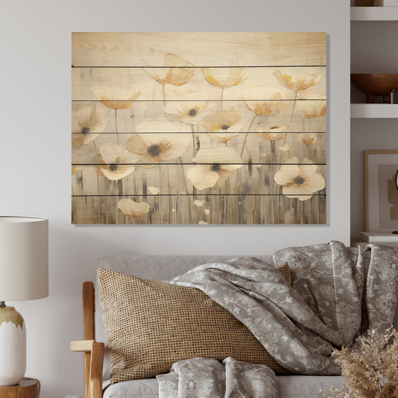 Buttercups Fields On Grey - Buttercups Wood Wall Art On Natural Pine Wood, 10" H x 20" W