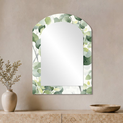 Floral Arched Wall Mirror – White Green Minimalism Eucalyptus Essence IV, Printed on Metal