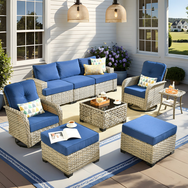 Ensemble de mobilier d'extérieur pour patio avec coussins Pe Wicker, Marine
