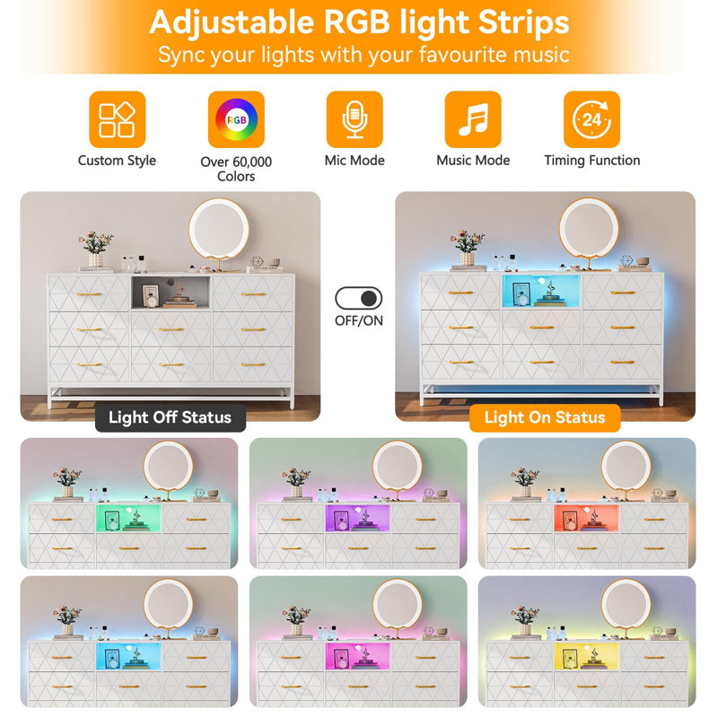 Commode 8 tiroirs profonds pour chambre à coucher avec station de charge et lumières DEL, grande commode télé en bois de 59 po