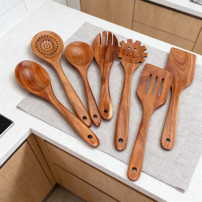 Ensemble d'ustensiles de cuisine en bois de teck, outils de cuisson anti-égratignures 7 pièces avec spatule, spatule fendue, cuillère d'écumoire, cuillère à pâtes, fourchette à salade et cuillères pour batterie de cuisine antiadhésive, sans BPA