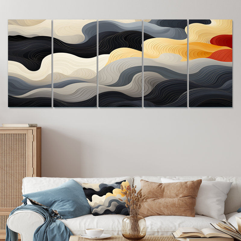 Orage solaire noir et orange - art abstrait 5 pièces, H 28 po x l 60 po