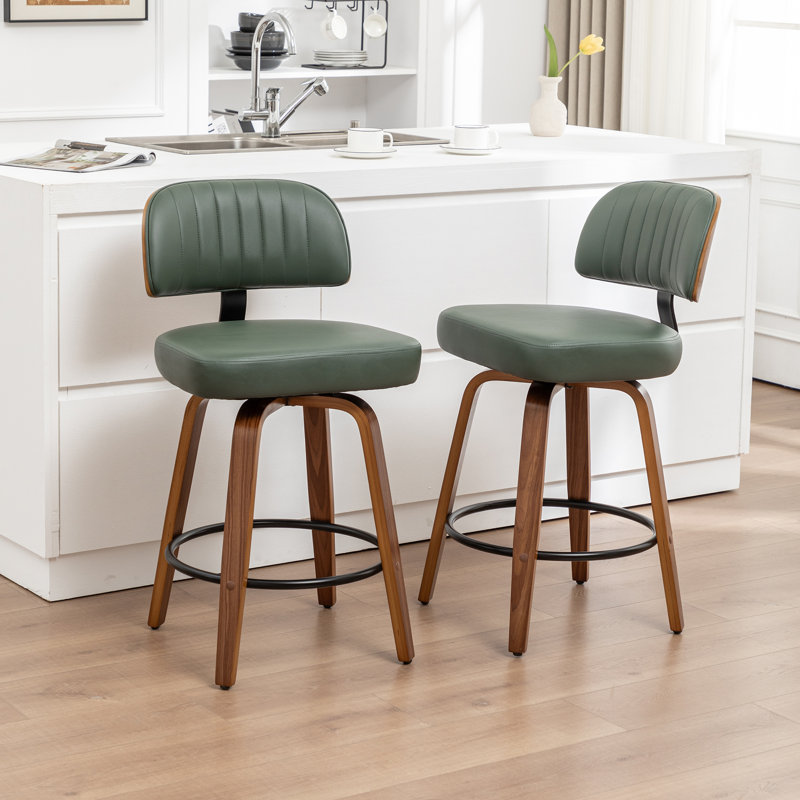 Tabourets de comptoir pivotants rembourrés en cuir de polyuréthane de style Mid-Century avec dossier courbé en bois, Vert