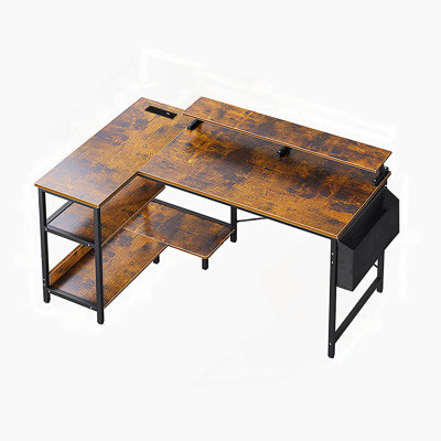 Bureau de jeu de 47 pouces avec prises électriques, bureau d'ordinateur réversible en forme de L avec support pour écran et étagères de rangement, bureau de coin avec sacoche latérale pour bureau à domicile, chambre, petit espace, style vintage