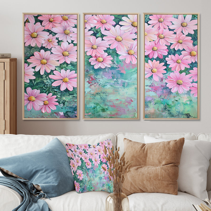 «Spring Pink Daisy Symphony II - Daisies», ensemble de reproduction d'art mural, H 28 po x l 36 po, Naturel