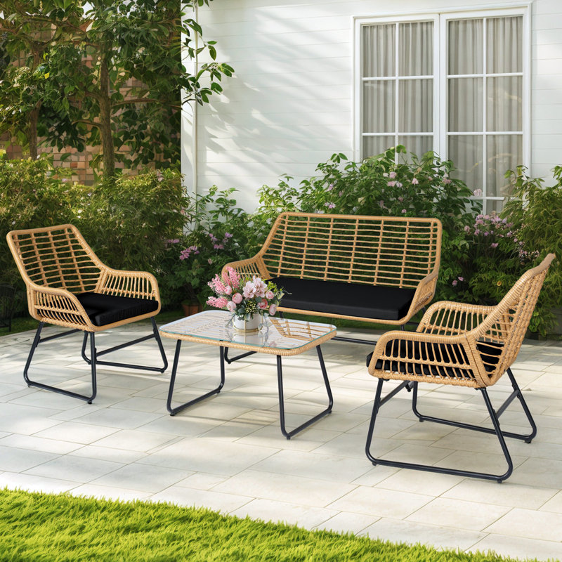 Gonneke 4 Piece Outdoor Rattan Sofa Seating Group With Cushions, Black
