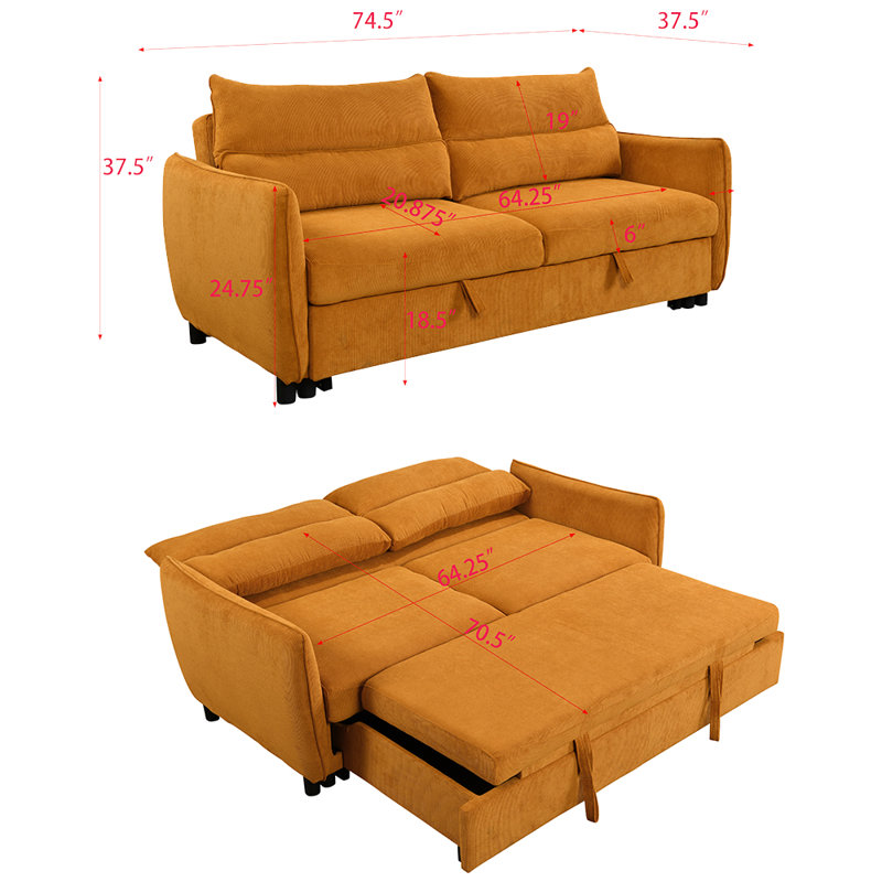 Jamelle Upholstered 74.75 " Sofa Bed, Orange Yellow Polyester Blend