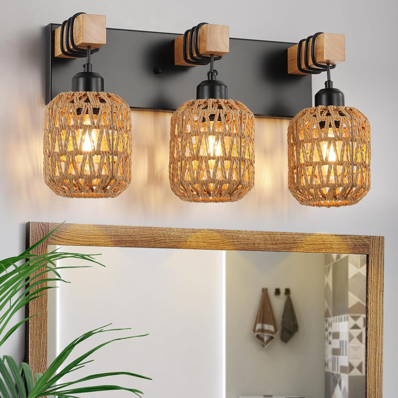 Black Metal and Natural Rattan 3-Light Bathroom Vanity Fixture