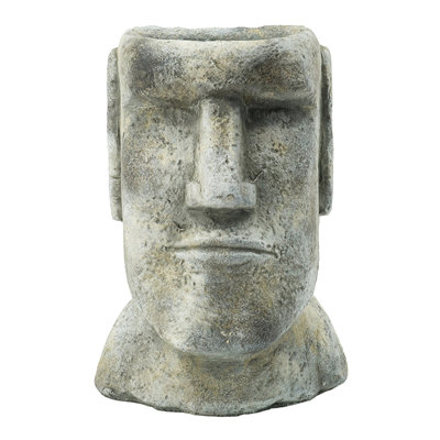 9 Inch Gray Cement Planter With Easter Island Influence For Small To Medium Cannas, 5X5.5X9 Inches, 6.8 Lbs, Attractive Facial Design Daisies, Look