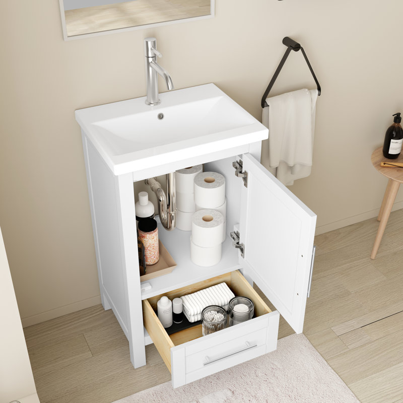 Morlane 20 po X P 16 po P 35 po Meuble-lavabo simple H avec finition blanche et plateau en céramique blanche, Blanc