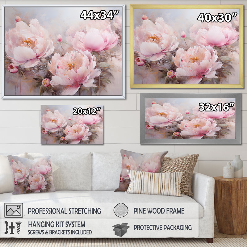 Pivoines roses, art liquide, champ de fleurs VI - Art mural champ de fleurs, Cadre flottant noir, H 12 po x l 20 po x P 1 po