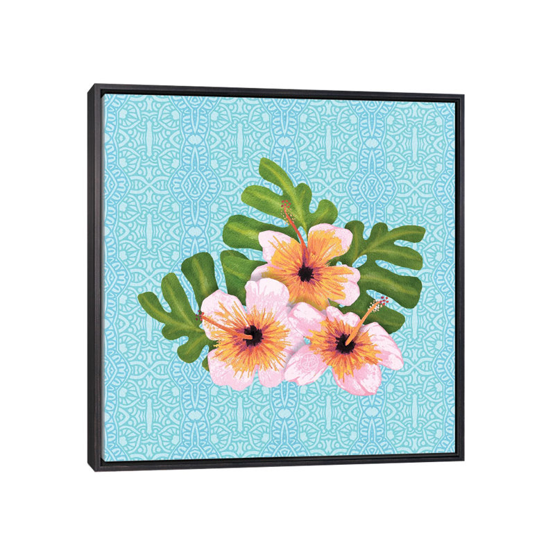 Hibiscus - par Angelika Parker, impression, H 18 po x l 18 po x 1,5 po, Toile avec cadre noir patiné, Aucun mat