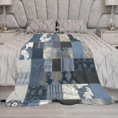 Boho Patchwork Throw Blanket,Farmhouse Quilted Country Blue Plaid Pattern Soft Cozy Warm Flannel Blankets for Sofa Couch Bed Gifts for Lover Women Adults 40x30 Inch