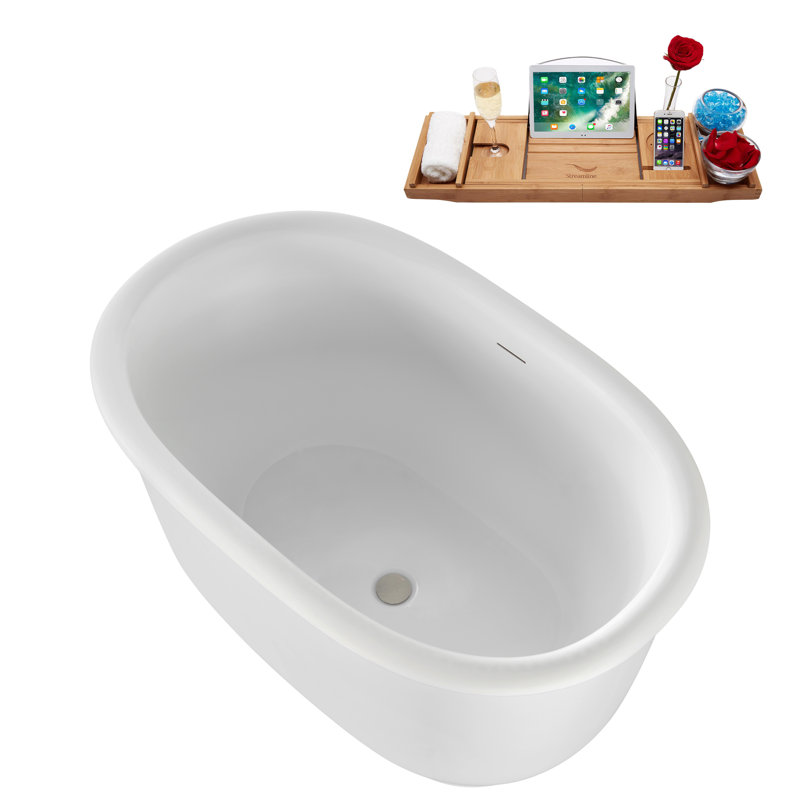 47" Streamline Soaking Acrylic Freestanding Bathtub, Bamboo Tray, Drain, Brushed Gun Metal