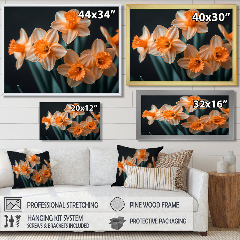 Gaige - jonquilles, impression d'art mural, H 16 po x l 32 po, Cadre flottant brun