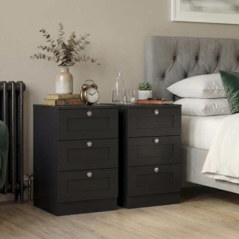 Tasneem 3 Drawer Bedside Chest Set Of 2, White, Black