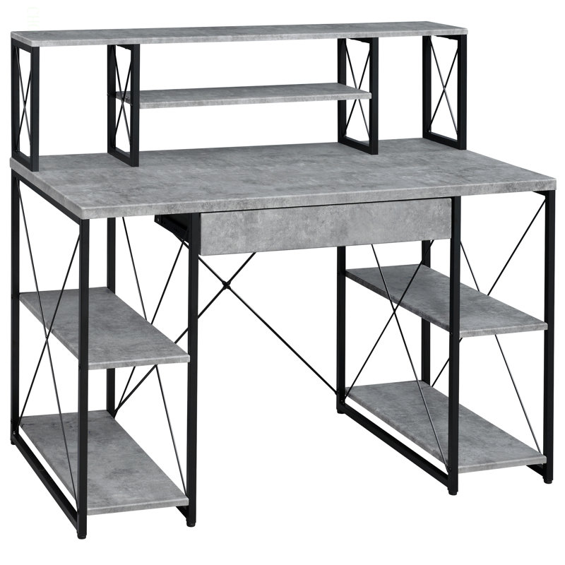 Bureau avec tablettes ouvertes et huche, Gris