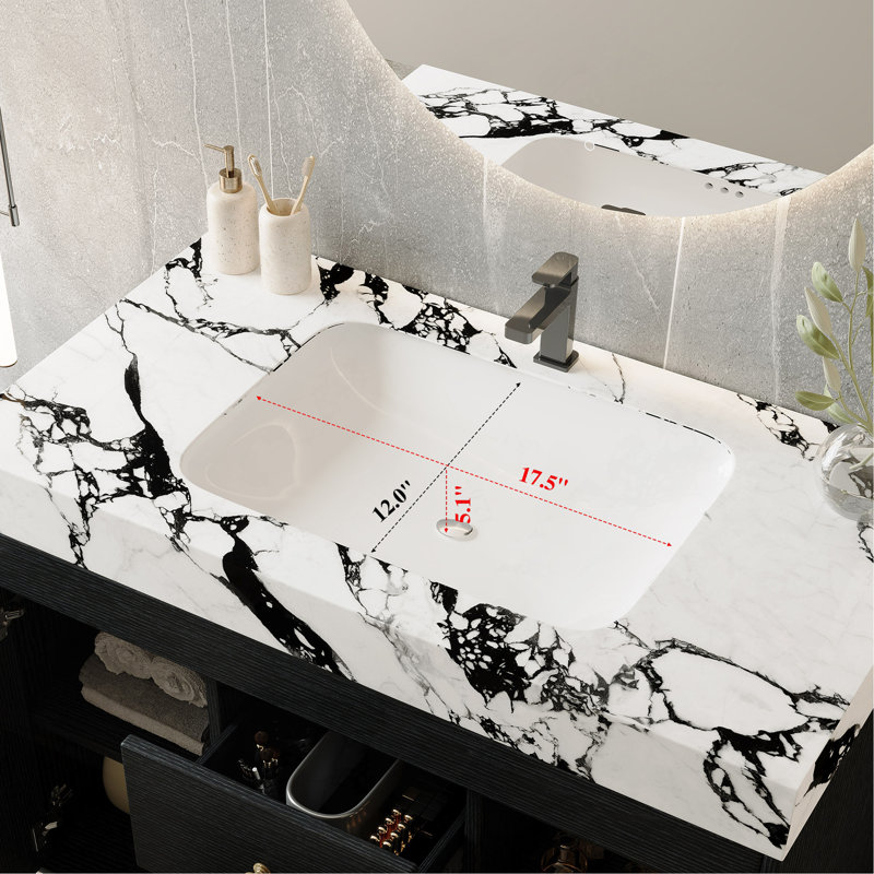 Meuble-lavabo autoportant moderne de 36 po avec plateau en pierre frittée, lavabo en céramique et rangement intelligent
