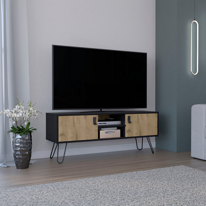 Meuble télé avec pieds en épingle avec centre média et 2 portes, noir / Macadamia