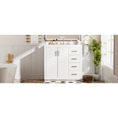 36-Inch Bathroom Storage Cabinet With Ceramic Sink, Solid Wood Frame, Boards, Three Drawers, Doors, Ample Storage, Retro Style, Unique Groove Pattern Vanity Sink , And , Smooth Drawer Slide, Hinges,