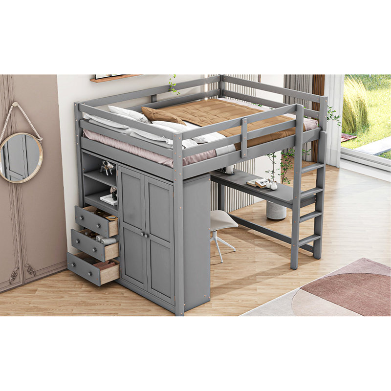 Lit mezzanine spacieux spacieux en gris avec garde-robe, bureau et options de rangement en bois massif, Gris