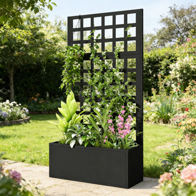 Lit surélevé en acier galvanisé noir, l 24 po, P 9,1 po, H 44,5 po, Treillis pour plantes grimpantes, drainage x 44,5 po, noir, avec treillis, utilisations multiples dans le jardin