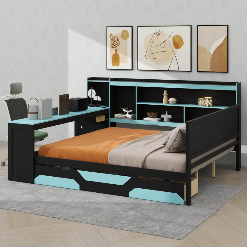 Lit de jour moderne axé sur le jeu avec bureau intégré et éclairage, cadre de lit en bois composé de 3 pièces, tête de lit avec bibliothèque intégrée