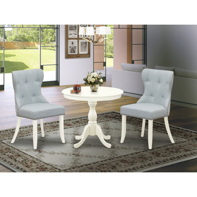 3 Piece Dining Table Set Consists of 1 Pedestal Table and 2 Baby Blue Linen Fabric Dining Chairs Button Tufted Back with Nail Heads - linen white Finish