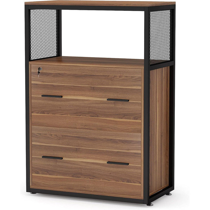 Lateral Locking File Cabinet, Letter/Legal, Large Rustic Filing Cabinet Printer Stand with Metal Wire Open Storage Shelves and 2 Drawer for Home Office (Walnut)