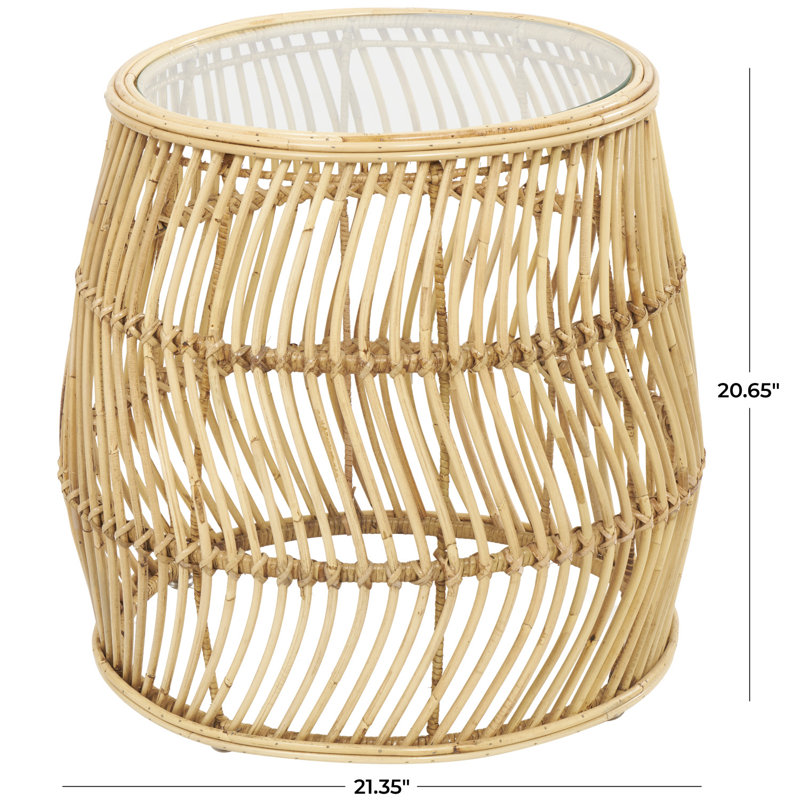 Rattan Handmade Wavy Woven Side End Brown Accent Table with Glass Top