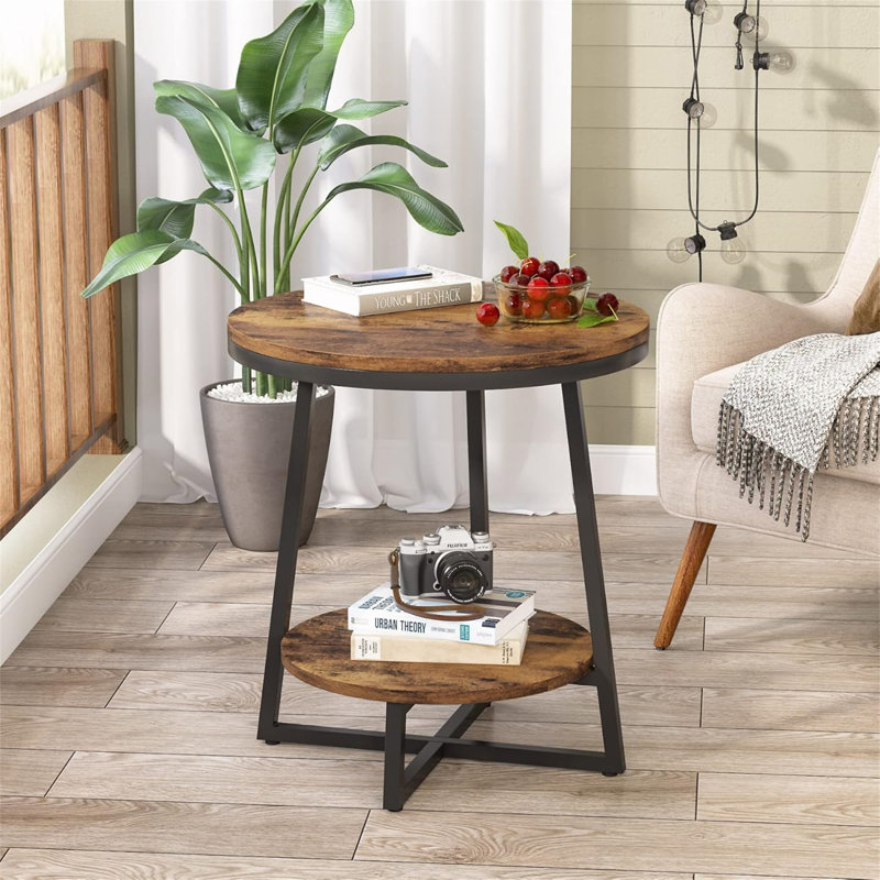 Table de bout industrielle 19,68 po avec tablette de rangement - table d'appoint ronde à 2 niveaux pour les petits espaces (table incluse seulement)