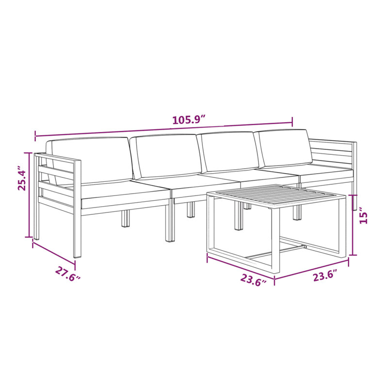 Ensemble de 5 chaises d'extérieur Shina avec table, canapé et chaises, polyester noir