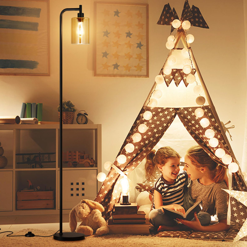 Floor Lamps For Living Room - Industrial Standing Lamp With Glass Shade, Modern Floor Lamp With Led Bulbs, Amber, Black