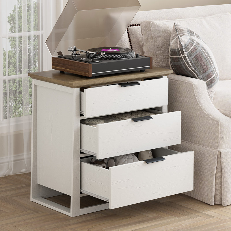 27" End Table with Storage for Living Room, 3 Drawer Sofa Side Table for Office, White