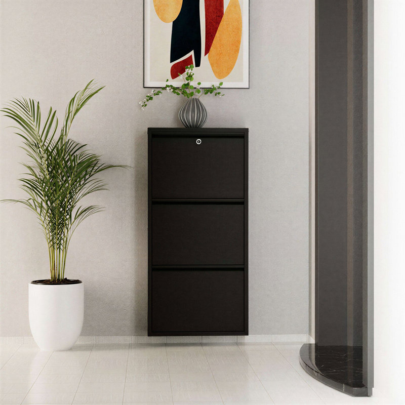 Modern Metal Shoe Cabinet, Black | 100% Metal Construction with 0.03 in Thickness | Wall-Mountable Design with Centrally Opening Doors & Magnetic Holders | Stylish Storage Solution for Entryway